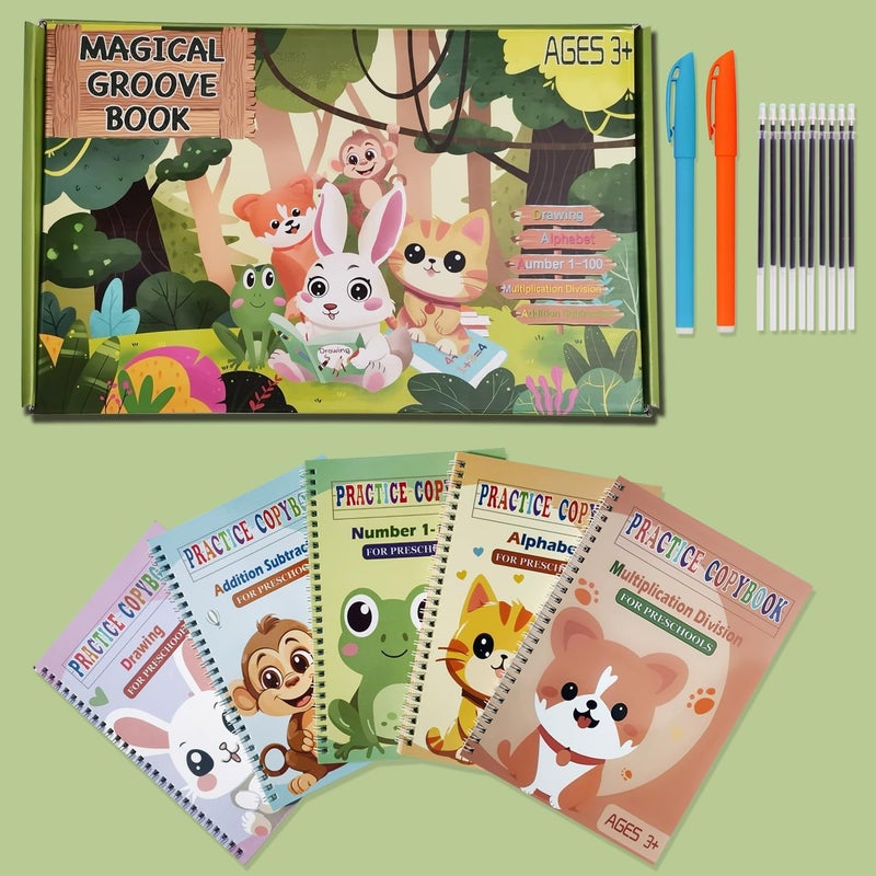 FREKNOW Reusable Grooved Handwriting Workbooks,Magic Copybook,Magic Writing Practice Copy Books, to Help Children Improve Their Handwriting Ink Practice Age 3-8 ​Calligraphy for Kids(5-Book Gift Set) - Image 2